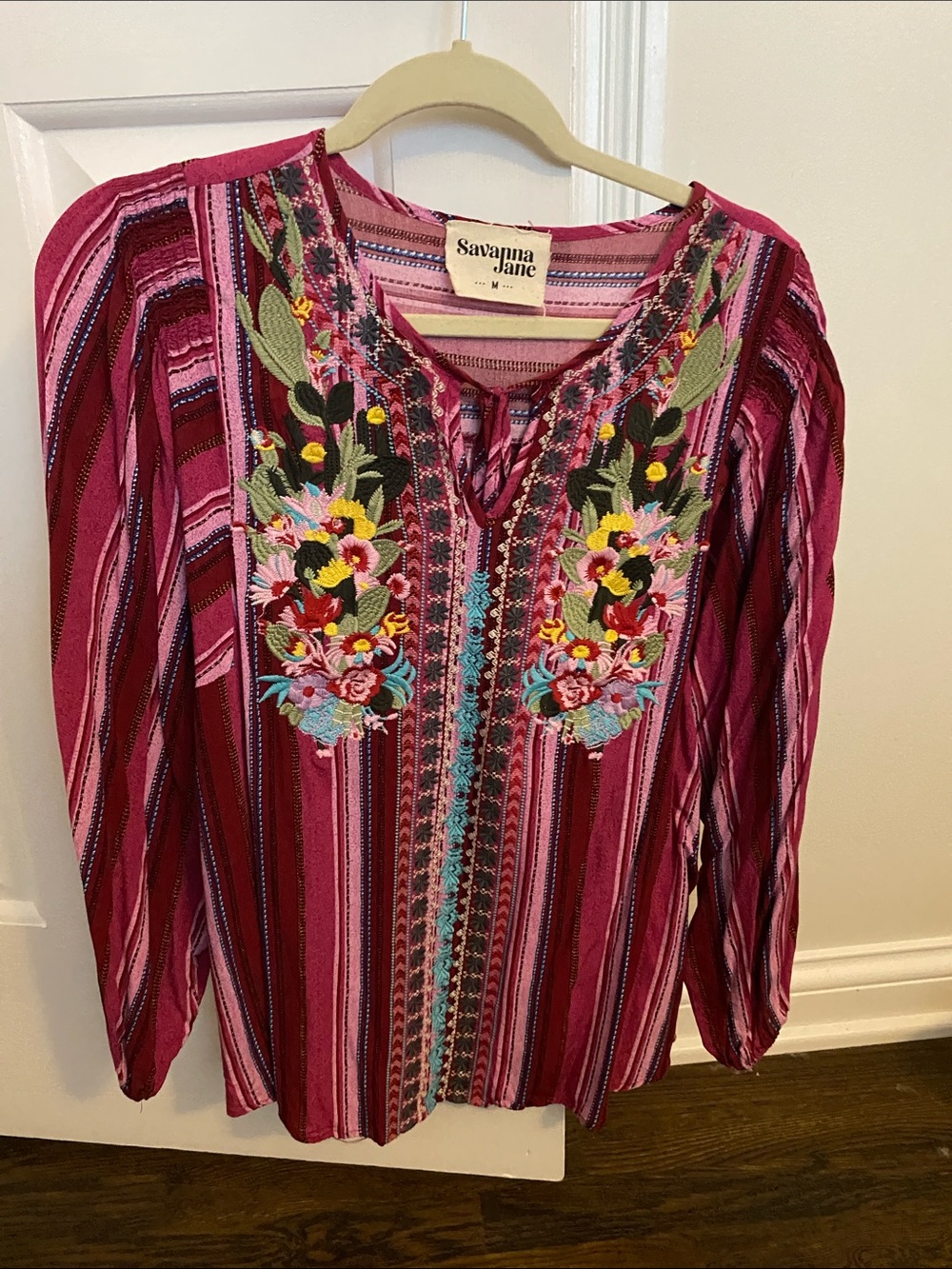Savanna Jane Magenta Pink Striped Tunic with Multicolor Floral Embroidery